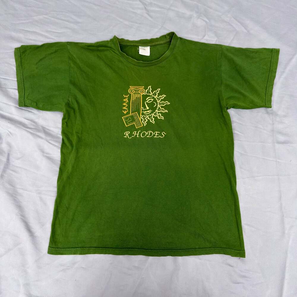 Vintage TRIBAL SUN Rhodes Men’s T-Shirt SIZE Small Embroidered GREEN YELLOW